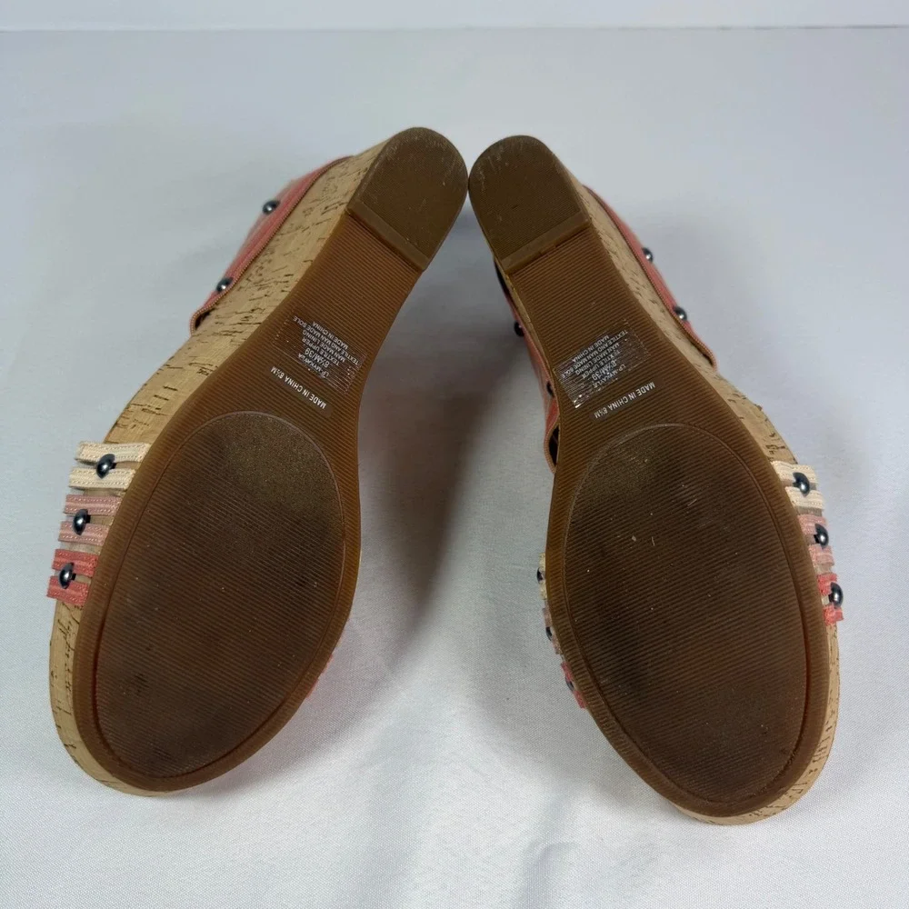 Lucky Brand‎ Myraia Cork Wedge Sandals Pink Coral Striped Elastic Straps 8.5M